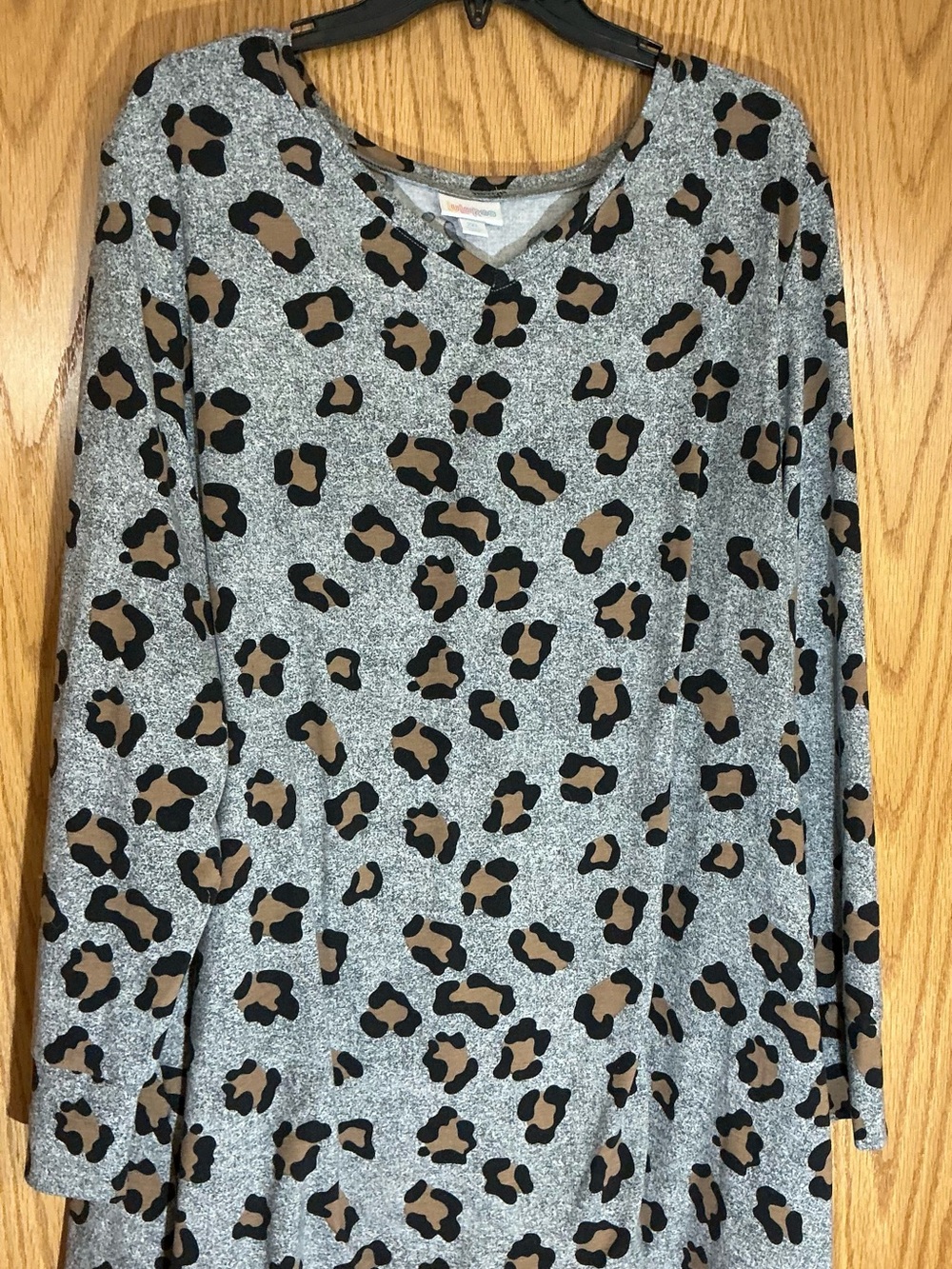 LuLaRoe Gray Leopard Print V-Neck Sweater with Brown and Black Spots